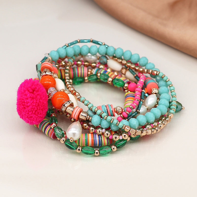 Turquoise Mix Boho Bracelet Set with Pom Pom