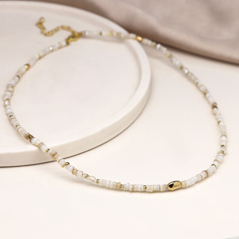 White Bead Mix Necklace with Gold Pebbe Beads and  Freshwater Pearls
