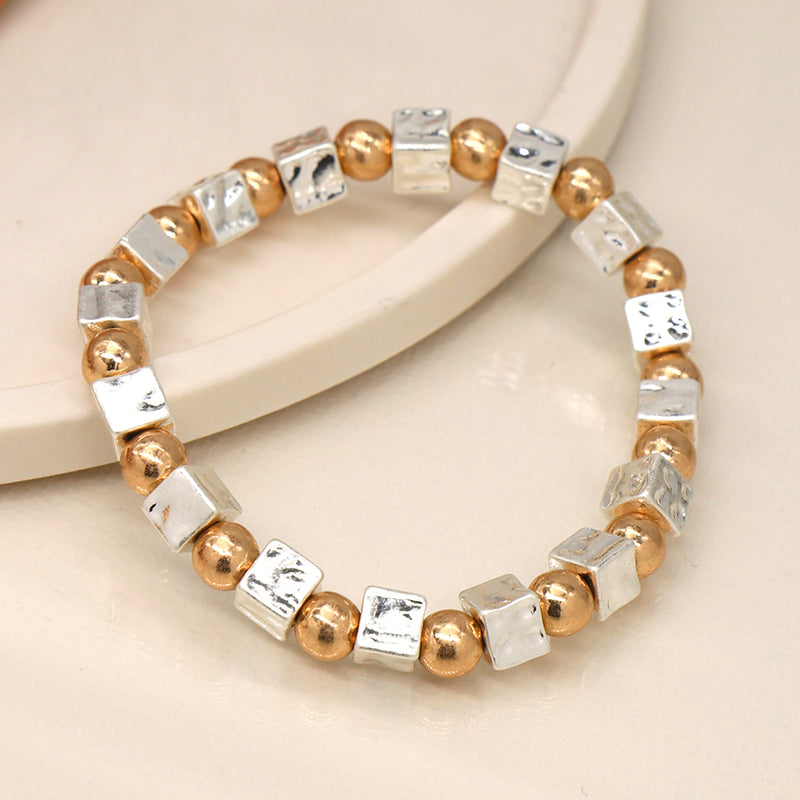 Worn Silver and Gold Square and Round Beaded Bracelet