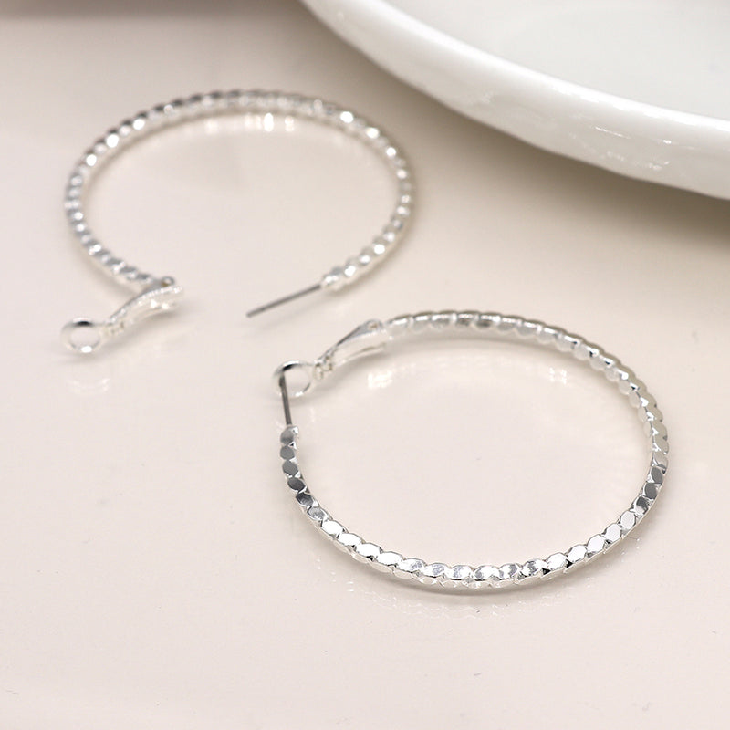 Silver plated large faceted rope twist hoops
