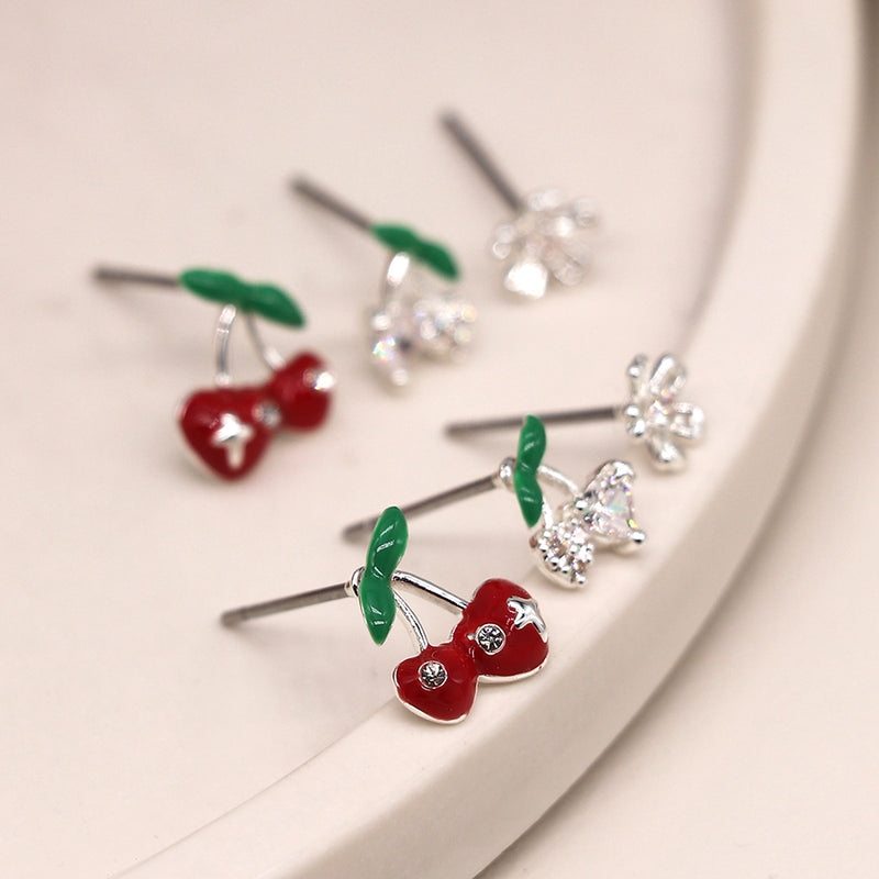 Silver Plated Silver Cherry Studs pack of Three