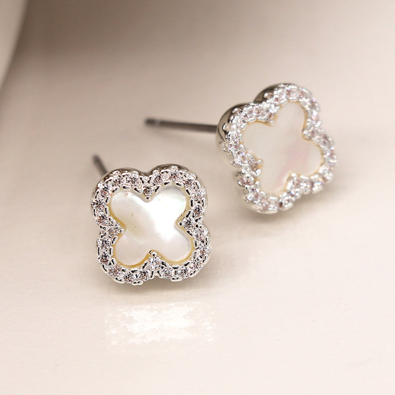 Silver plated crystal edged quatrefoil earrings