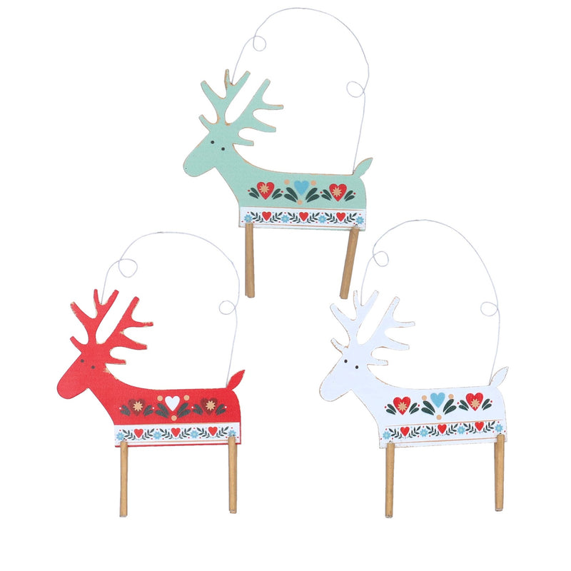 Alpine Red, Green and White Reindeer Wood Decoration