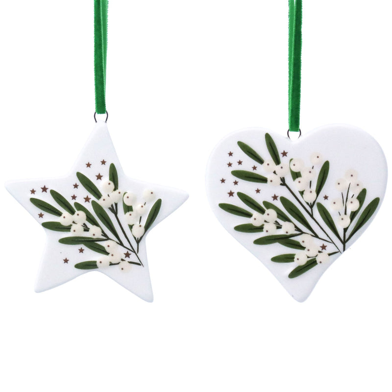 Ceramic Mistletoe Star/Heart Decoration