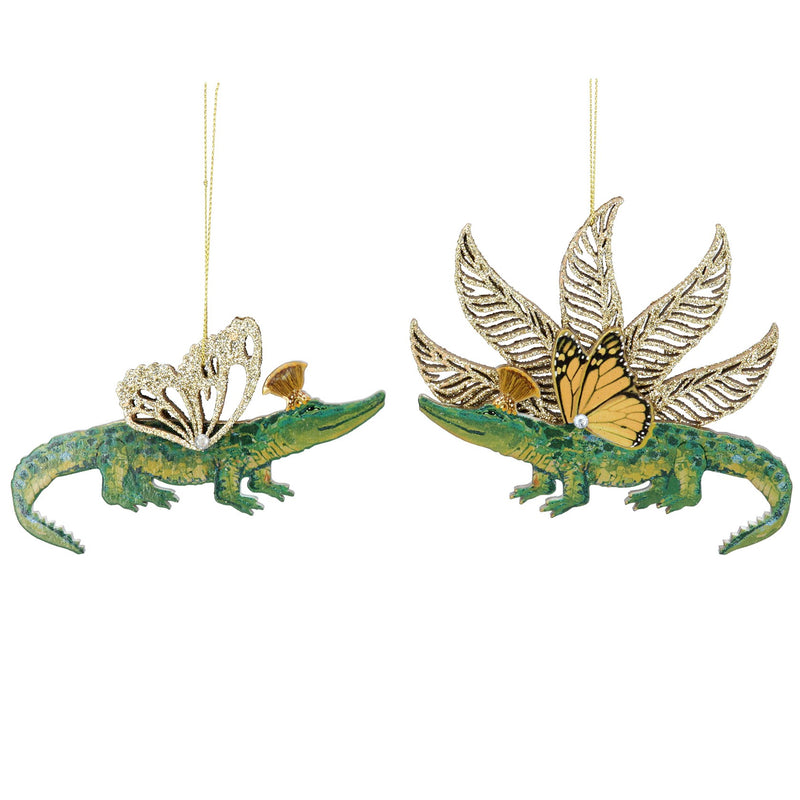 Green Wood Crocodile with Gold Glitter Decoration