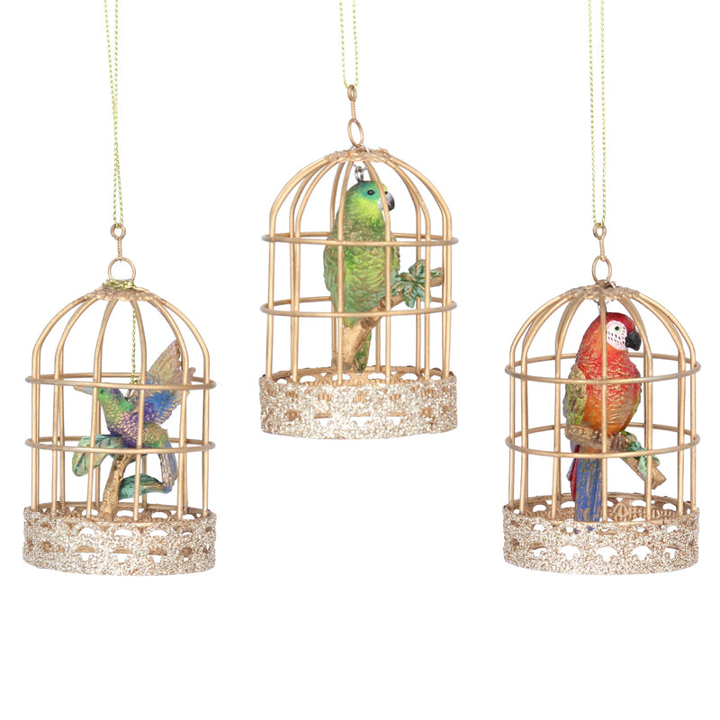 Resin Dec 9cm - Exotic Bird in Cage, 3as