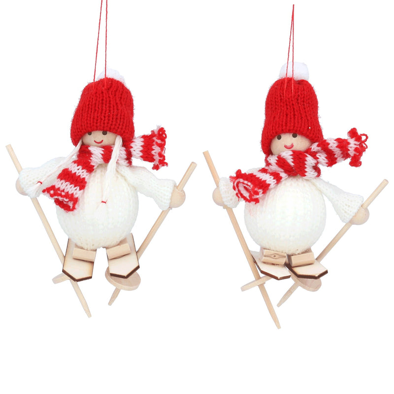 Red and White Knitted Boy or Girl on Skis Decoration
