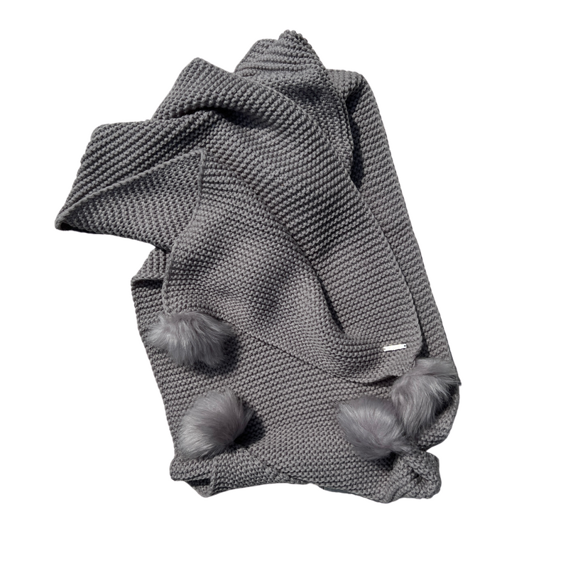 Grey Knitted Scarf with Pom Pom
