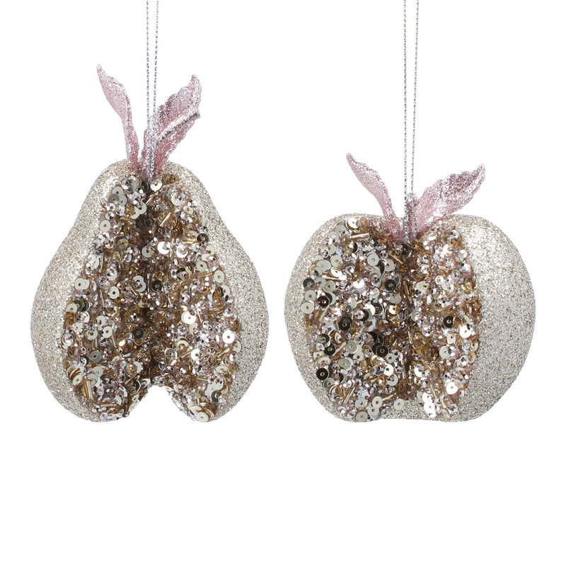 Gold Glitter and Sequin Sliced Pear and Apple Decoration