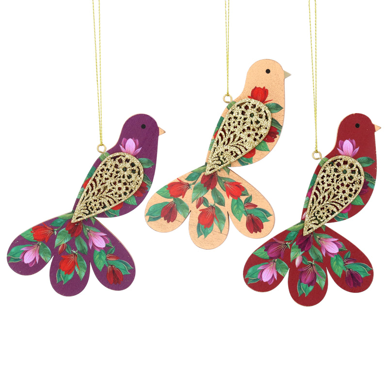 Red Purple andGold Wooden Magnolia Bird Decoration