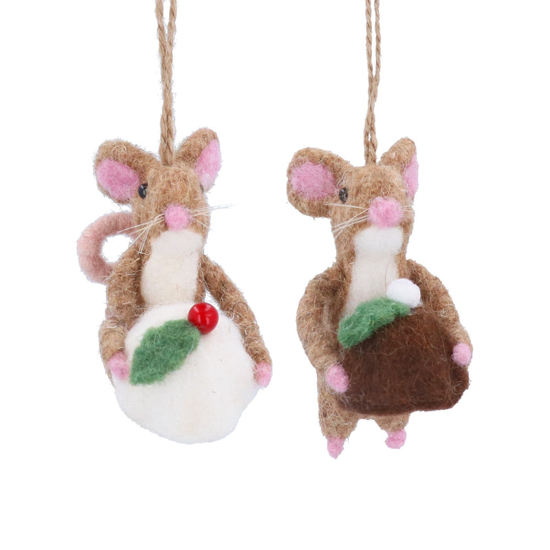 Wool Brown Mouse with Christmas Pudding