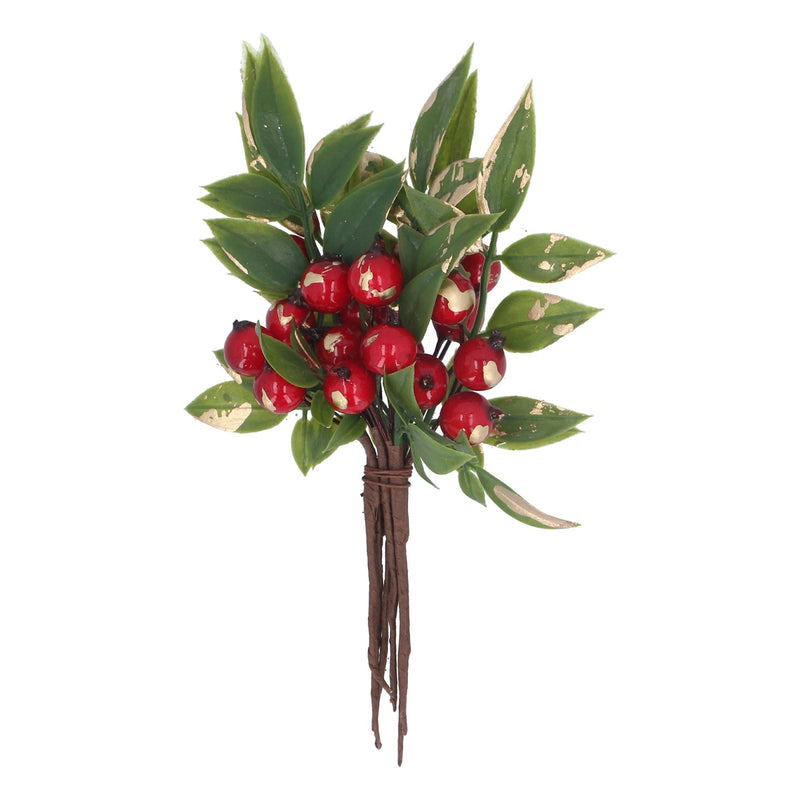 Gold Dusted Red Berry and Leaf pick
