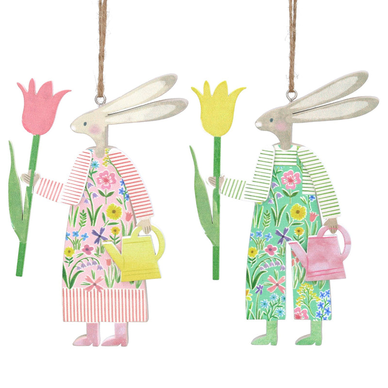 Wood Dec 13cm - Pastel Meadow Mr/Mrs Dressed Hare, 2as