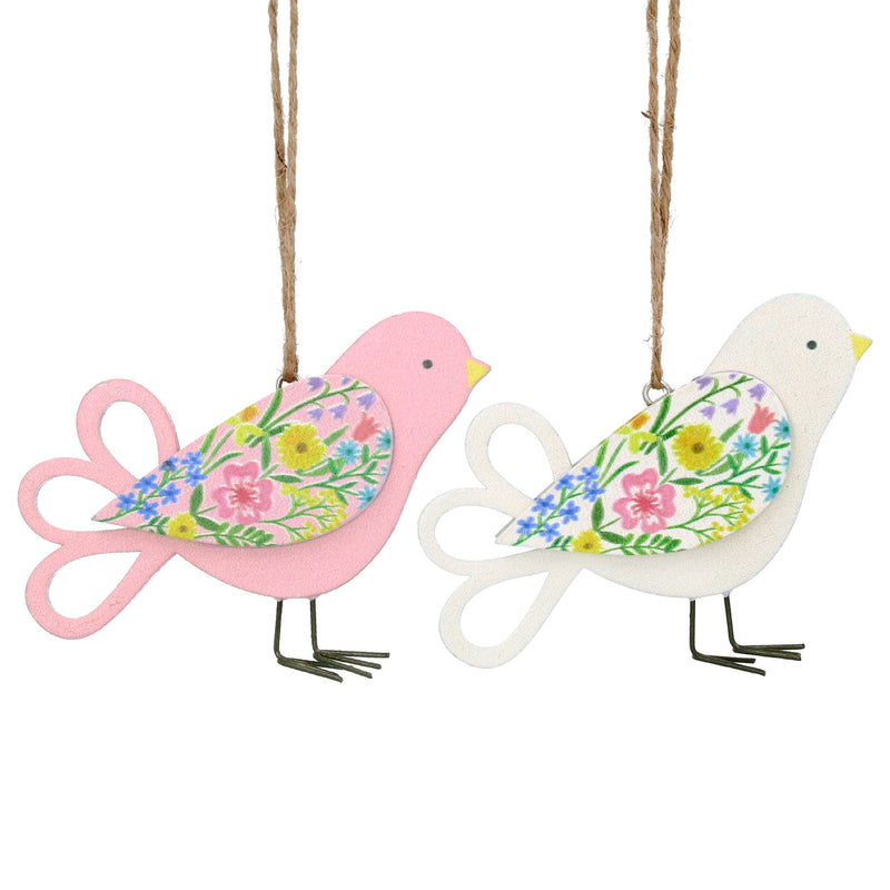Wood Dec 7cm - Pastel Meadow Bird, 2as