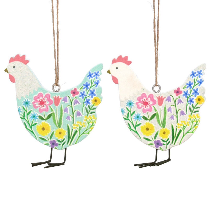 Wood Dec 7cm - Pastel Meadow Hens, 2as