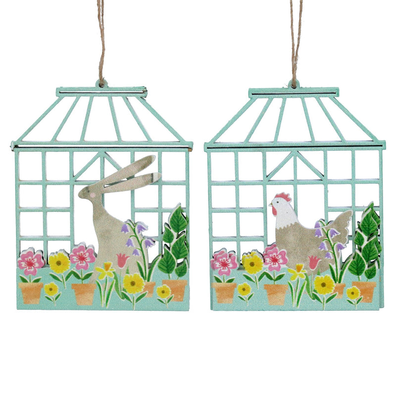 Wood Dec 8cm - Pastel Meadow Greenhouse w Hare/Hen, 2as