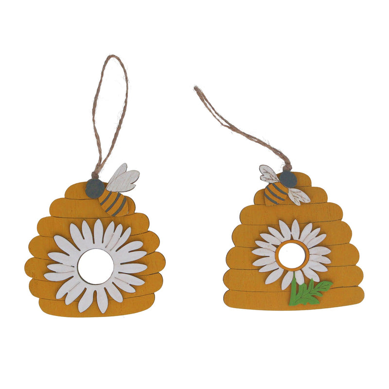 Wood Dec 10cm - Beehive w Daisy, 2as