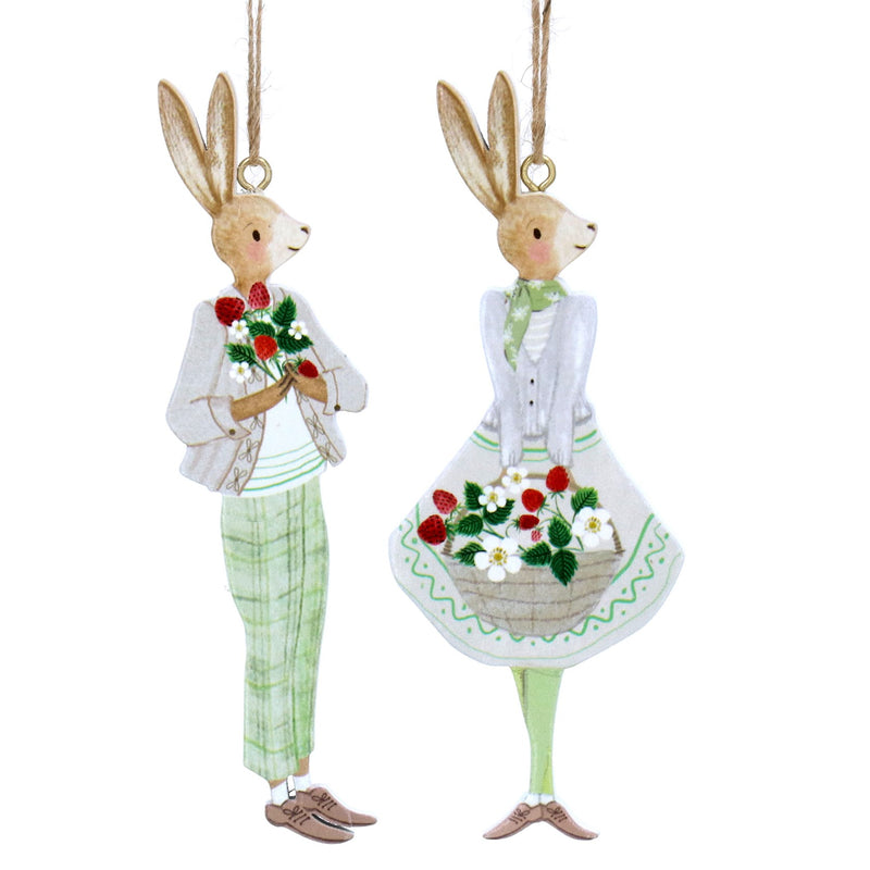 Wood Dec 12cm - Strawberries Boy/Girl Dressed Bunny, 2as