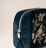Elizabeth Scarlett Botanical Birds Velvet Makeup Bag - Ink Blue
