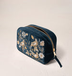 Elizabeth Scarlett Botanical Birds Velvet Makeup Bag - Ink Blue