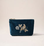 Elizabeth Scarlett Botanical Birds Velvet Makeup Bag - Ink Blue