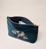 Elizabeth Scarlett Botanical Birds Velvet Makeup Bag - Ink Blue