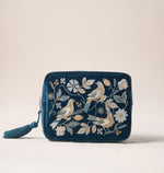 Elizabeth Scarlett Botanical Birds Velvet Makeup Bag - Ink Blue
