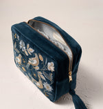 Elizabeth Scarlett Botanical Birds Velvet Makeup Bag - Ink Blue