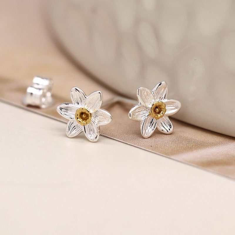Sterling silver and gold daffodil stud earrings