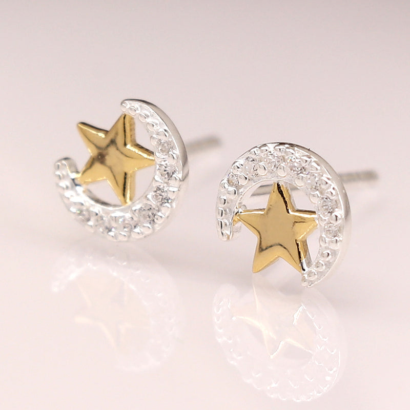 Sterling silver crystal moon and gold star earrings