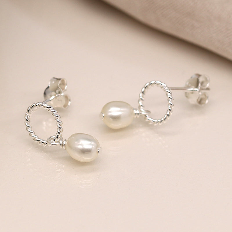 Sterling silver rope hoop and pearl earrings