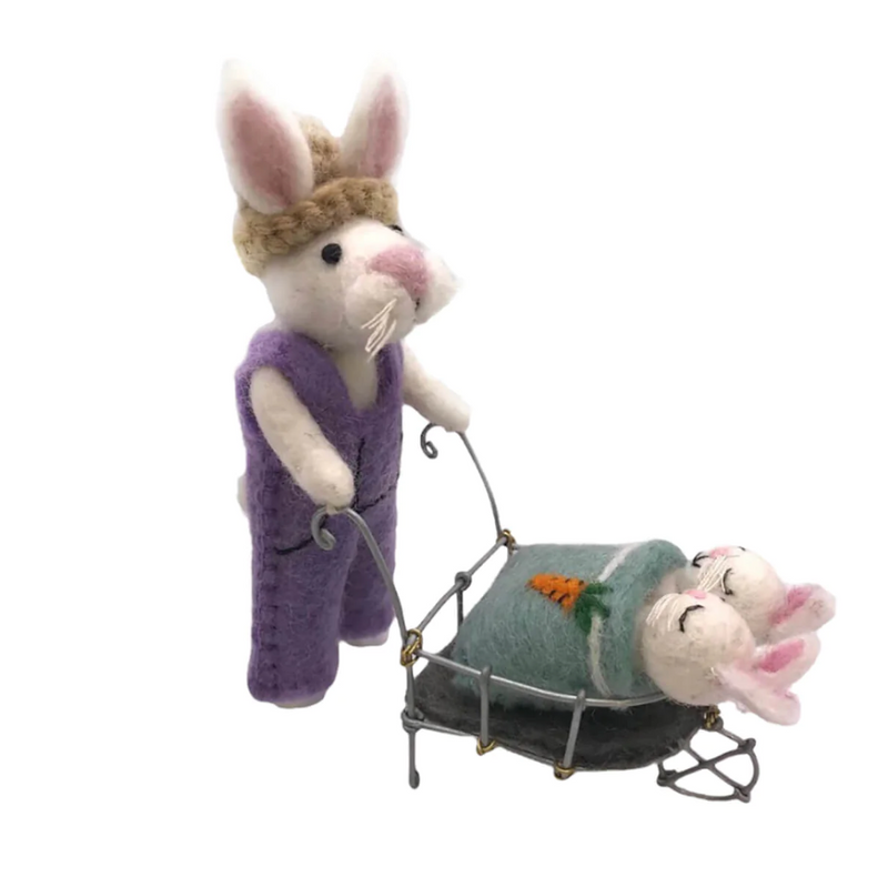 Felt Bunny with Babies in Wheelbarrow