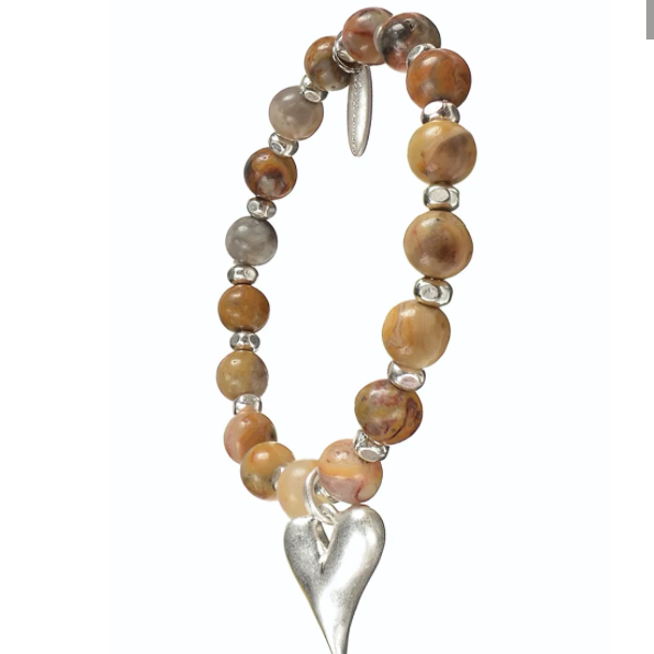 Worn Silver and Crazy Agate Bracelet with Heart Charm