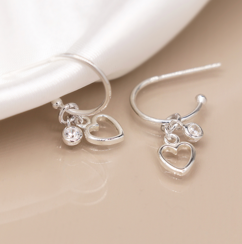 Sterling silver c-post heart and crystal charm earrings