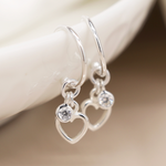 Sterling silver c-post heart and crystal charm earrings