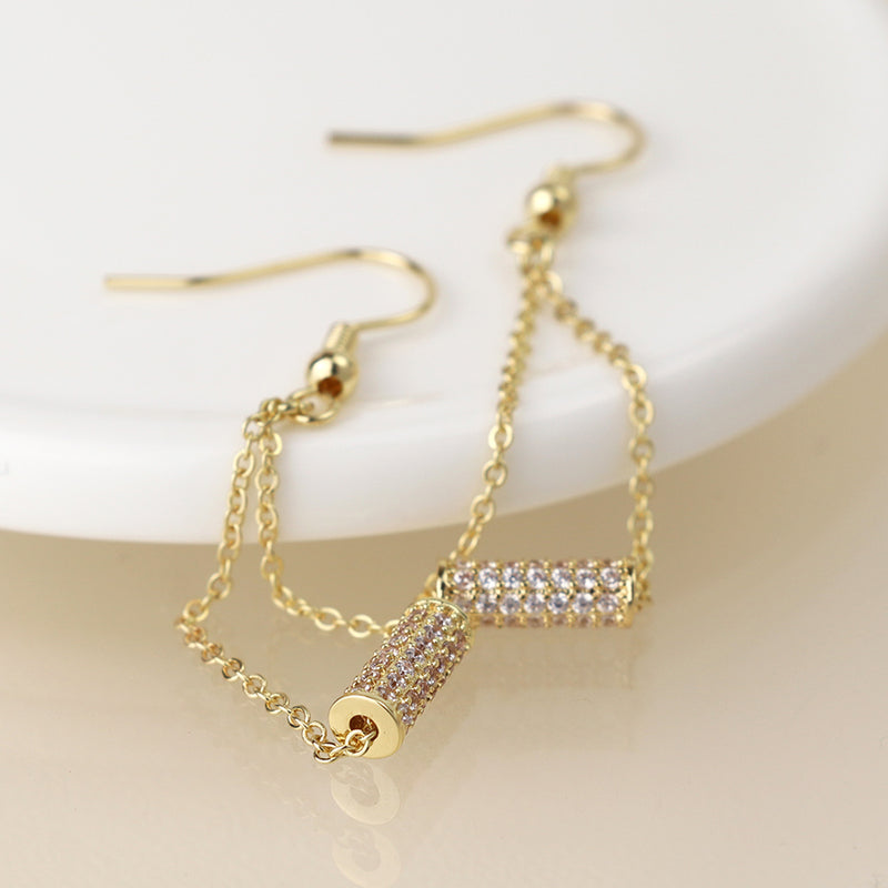 Golden crystal cylinder and chain earrings