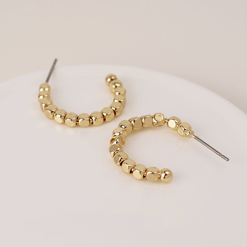 Golden cube bead hoop earrings