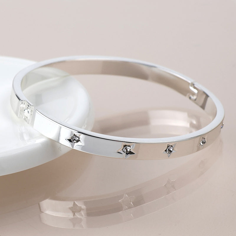 Silver plated crystal stars hinged bangle