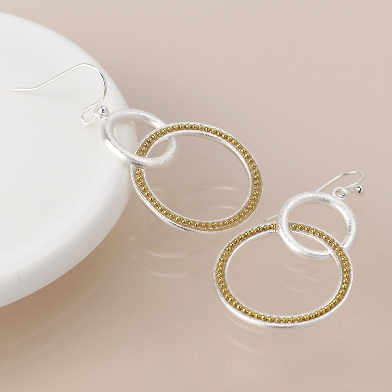 Silver plated double loop and golden bead earrings