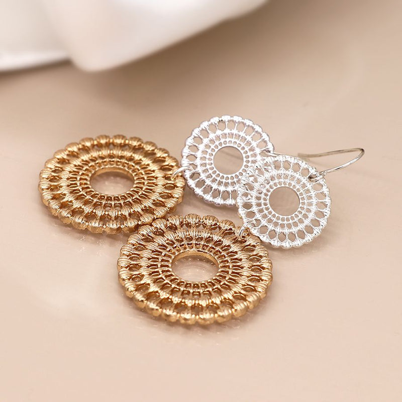Silver and gold double circle lace earrings