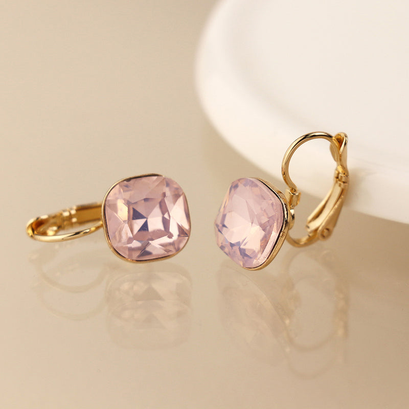 Golden and pink square crystal drop earrings