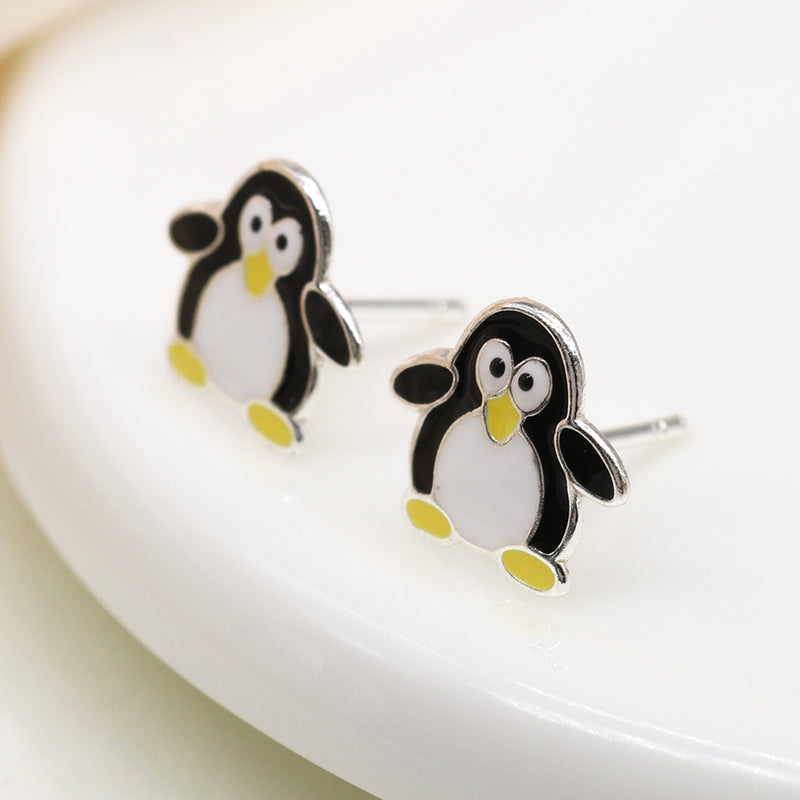 Sterling silver enamel penguin earrings