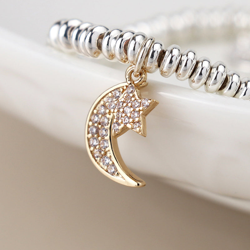 Silver plated crystal crescent moon and star bracelet