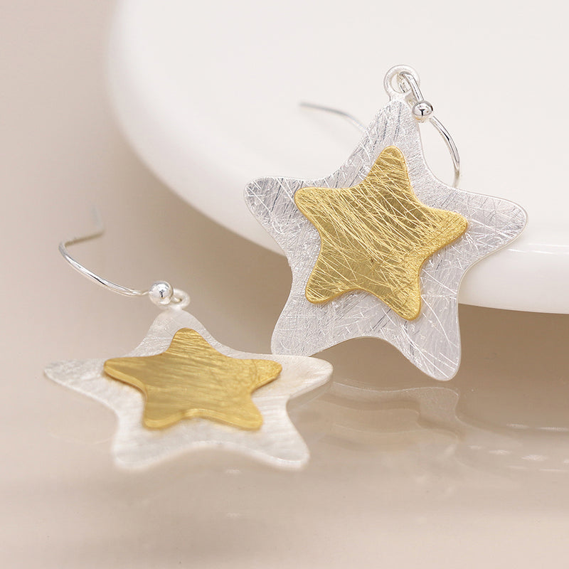 Silver plated and golden layered star earrings