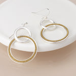 Silver plated double loop and golden bead earrings