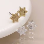 Silver plated and golden textured star stud earrings