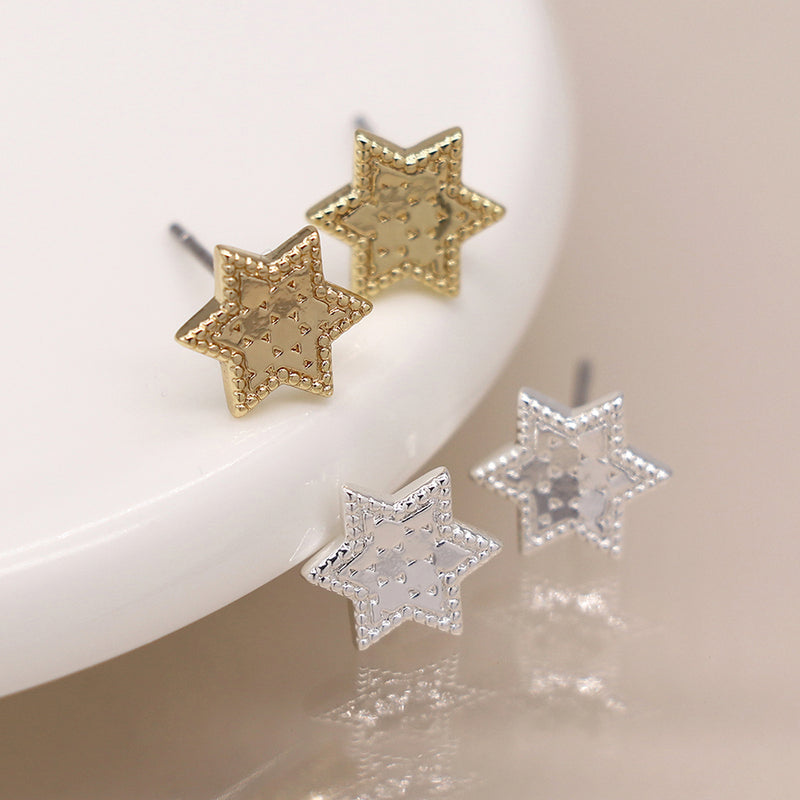 Silver plated and golden textured star stud earrings
