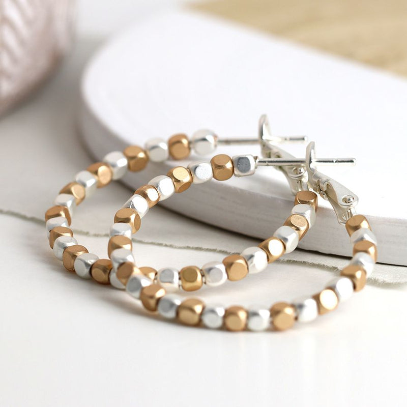 sleeper hoop earrings with silver and golden cube beads