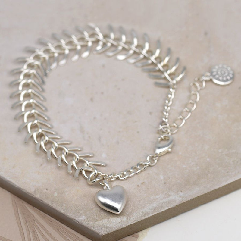Silver plated chevron link bracelet with heart charm