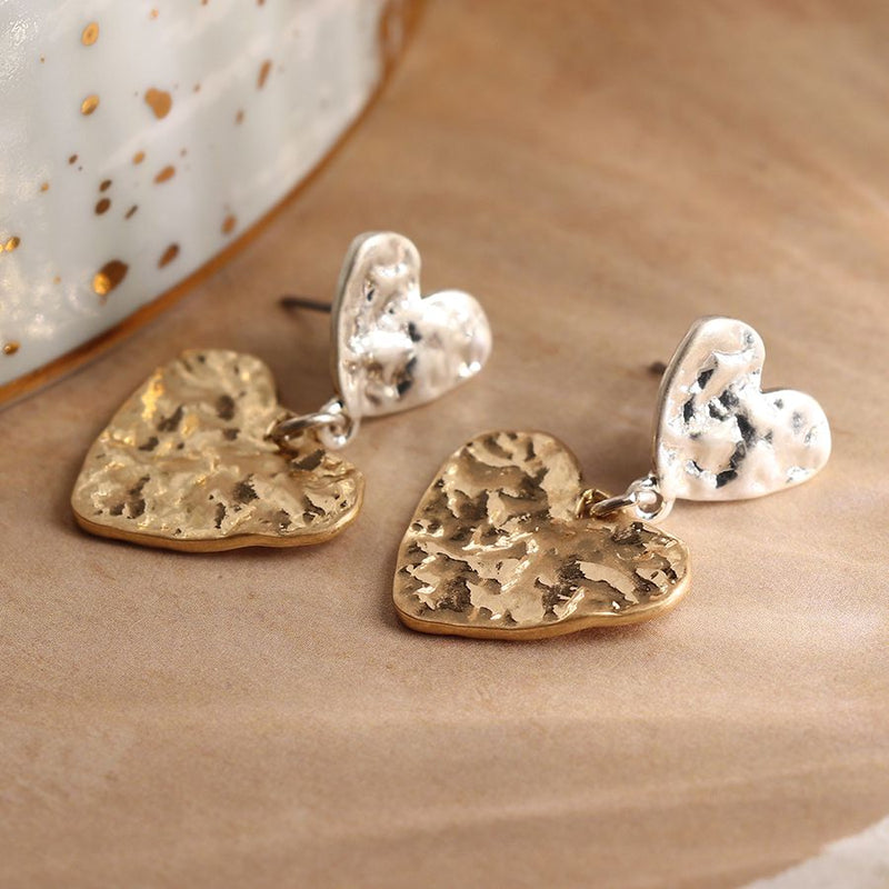 Double beaten heart earrings in gold and silver